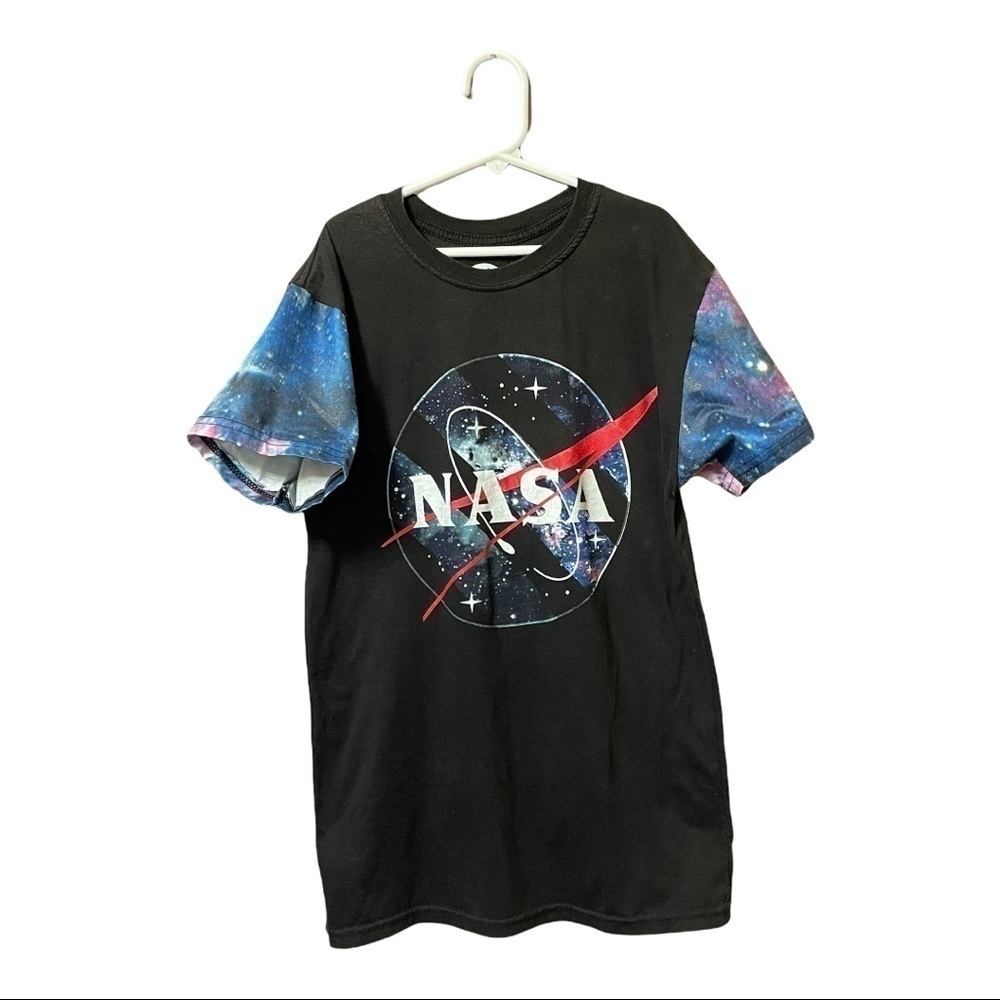𝅺nasa black short sleeve tee with graphic sleeves, front and back. Kids Small